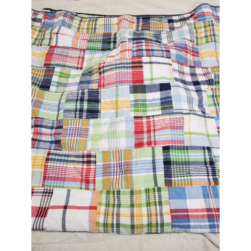 Pottery Barn Kids Blue White Multicolored Madras Plaid Twin Quilt Kidcore Retro
